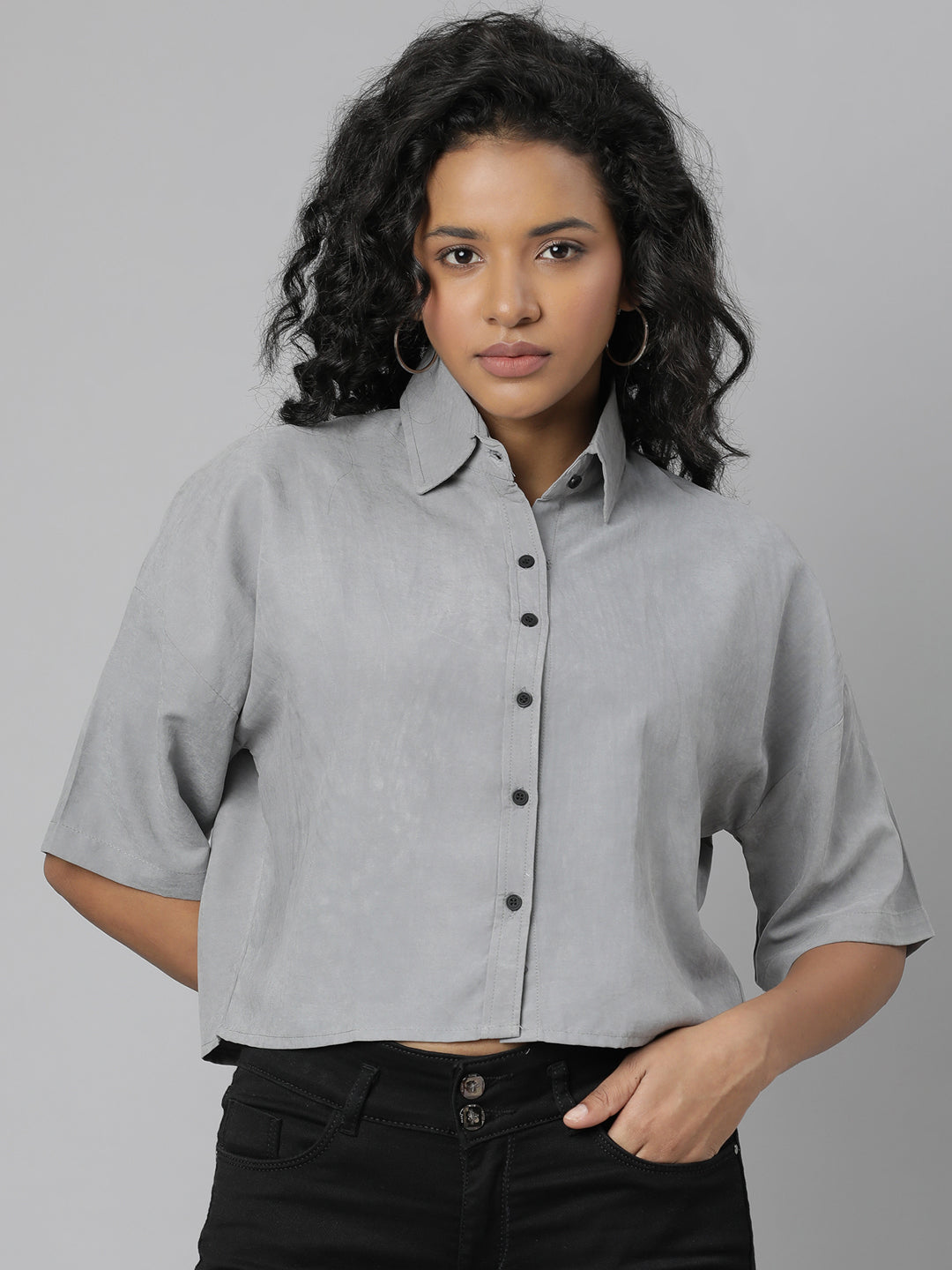 Women's Grey Boxy Cotton Casual Shirt
