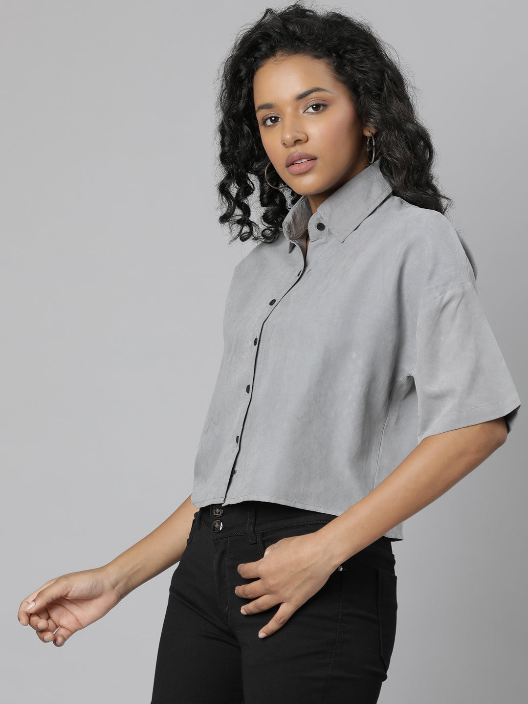 Women's Grey Boxy Cotton Casual Shirt