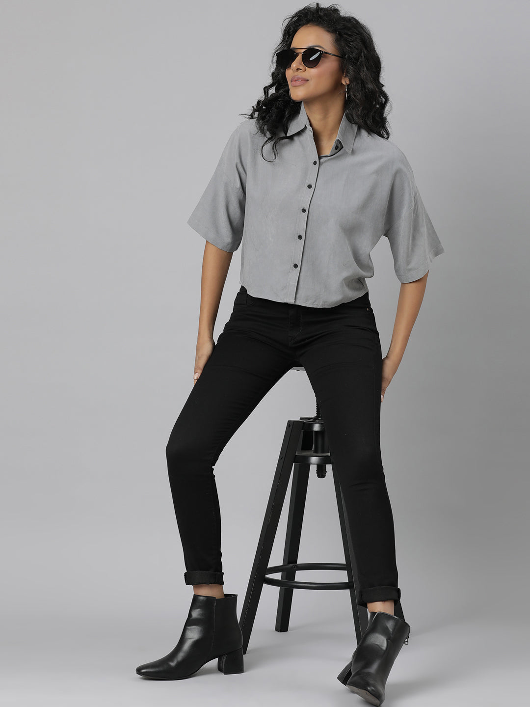 Women's Grey Boxy Cotton Casual Shirt