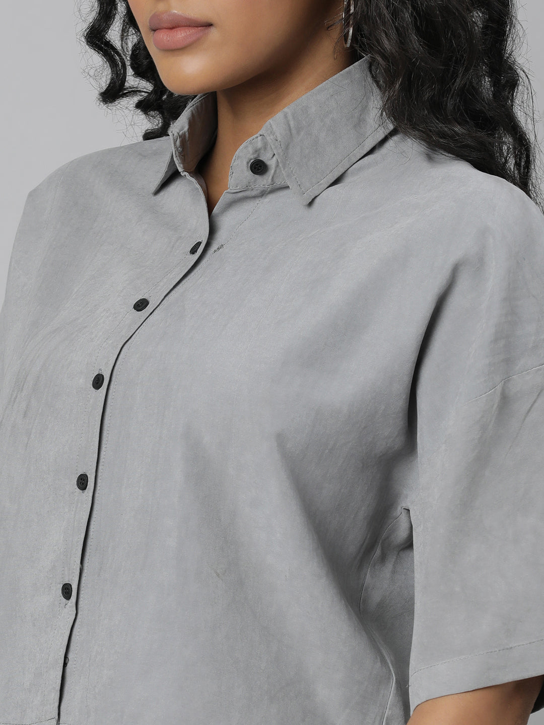 Women's Grey Boxy Cotton Casual Shirt