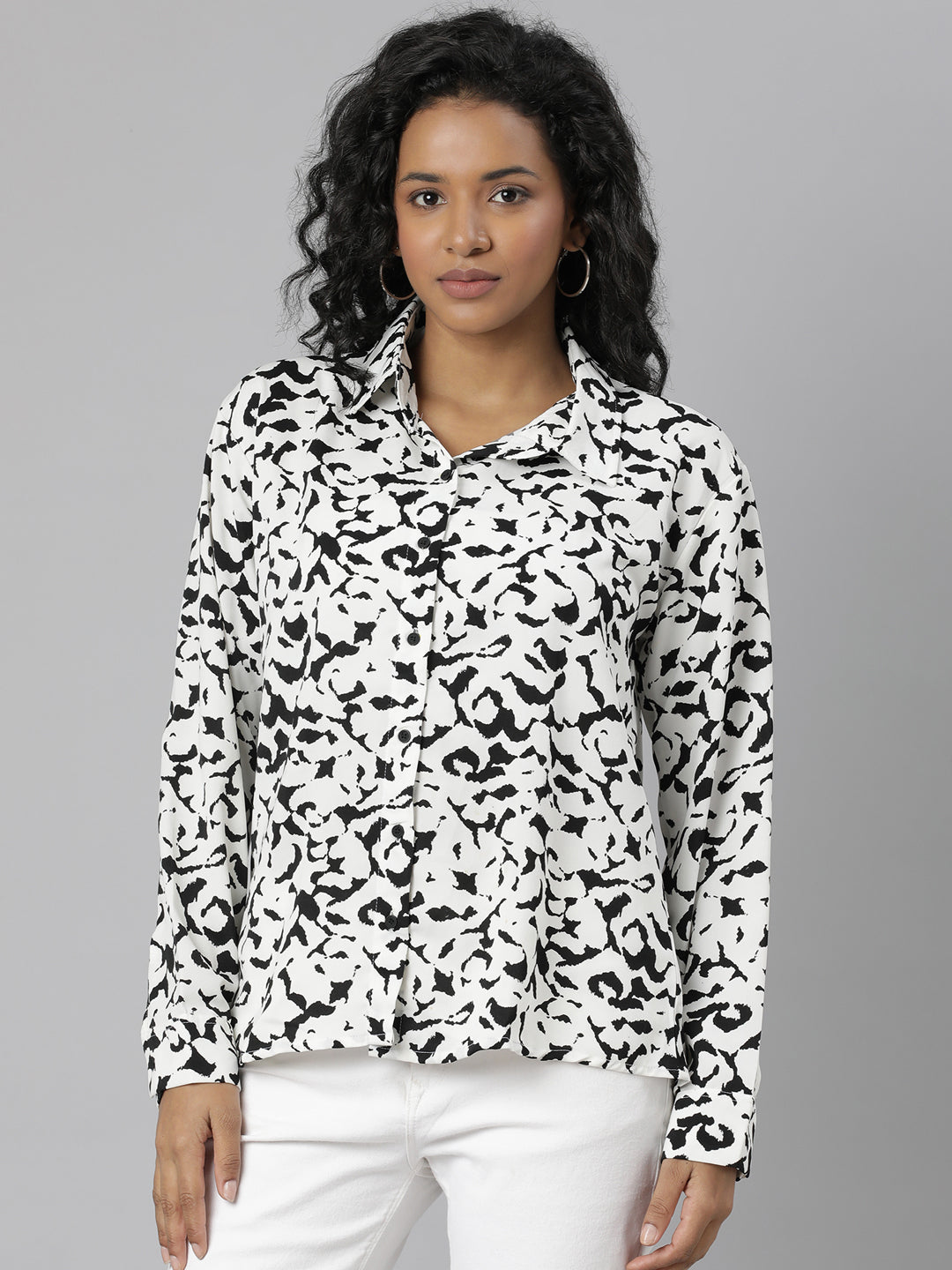Women's White Abstract Printed Casual Shirt