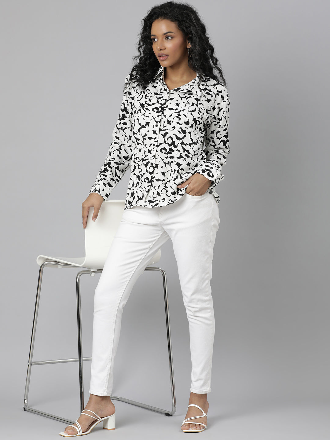 Women's White Abstract Printed Casual Shirt