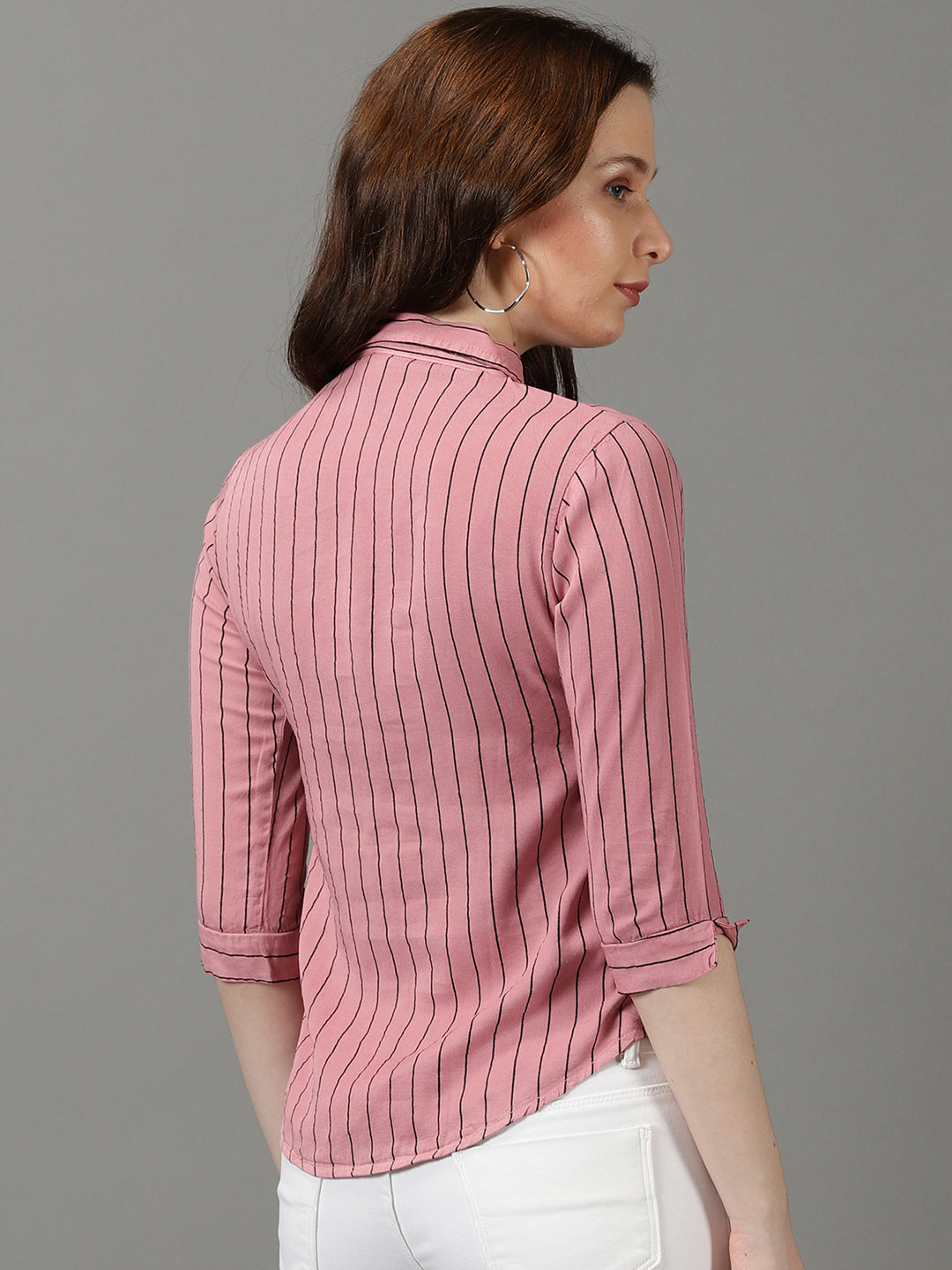 Women's Pink Spread Collar Striped Casual Shirt