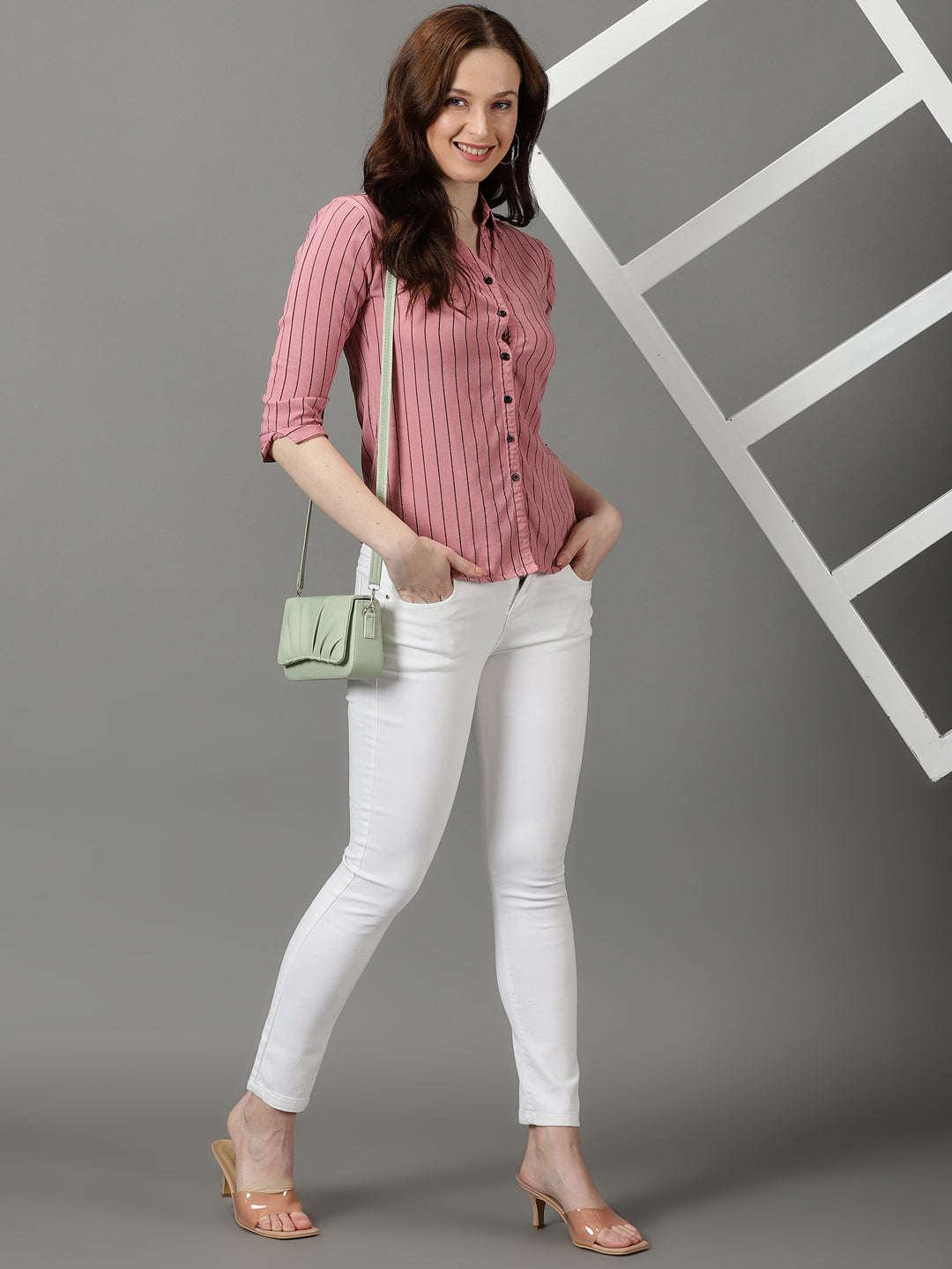 Women's Pink Spread Collar Striped Casual Shirt