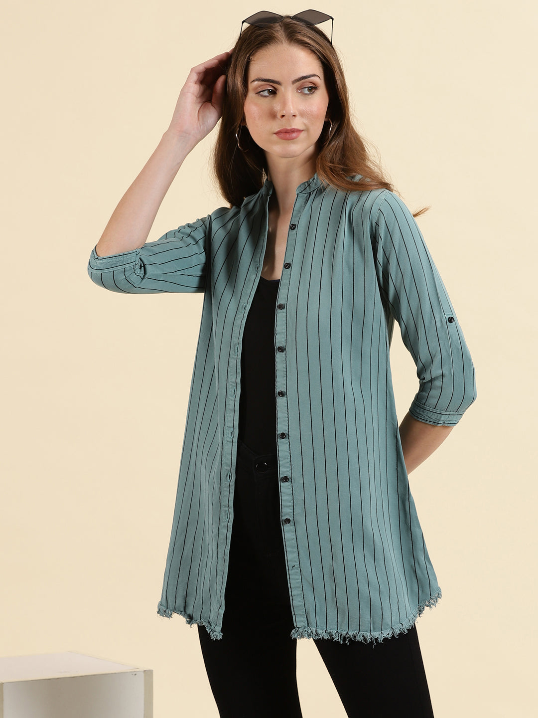 Women's Teal Comfort Slim Fit Striped Mandarin Collar Cotton Casual Longline Shirt