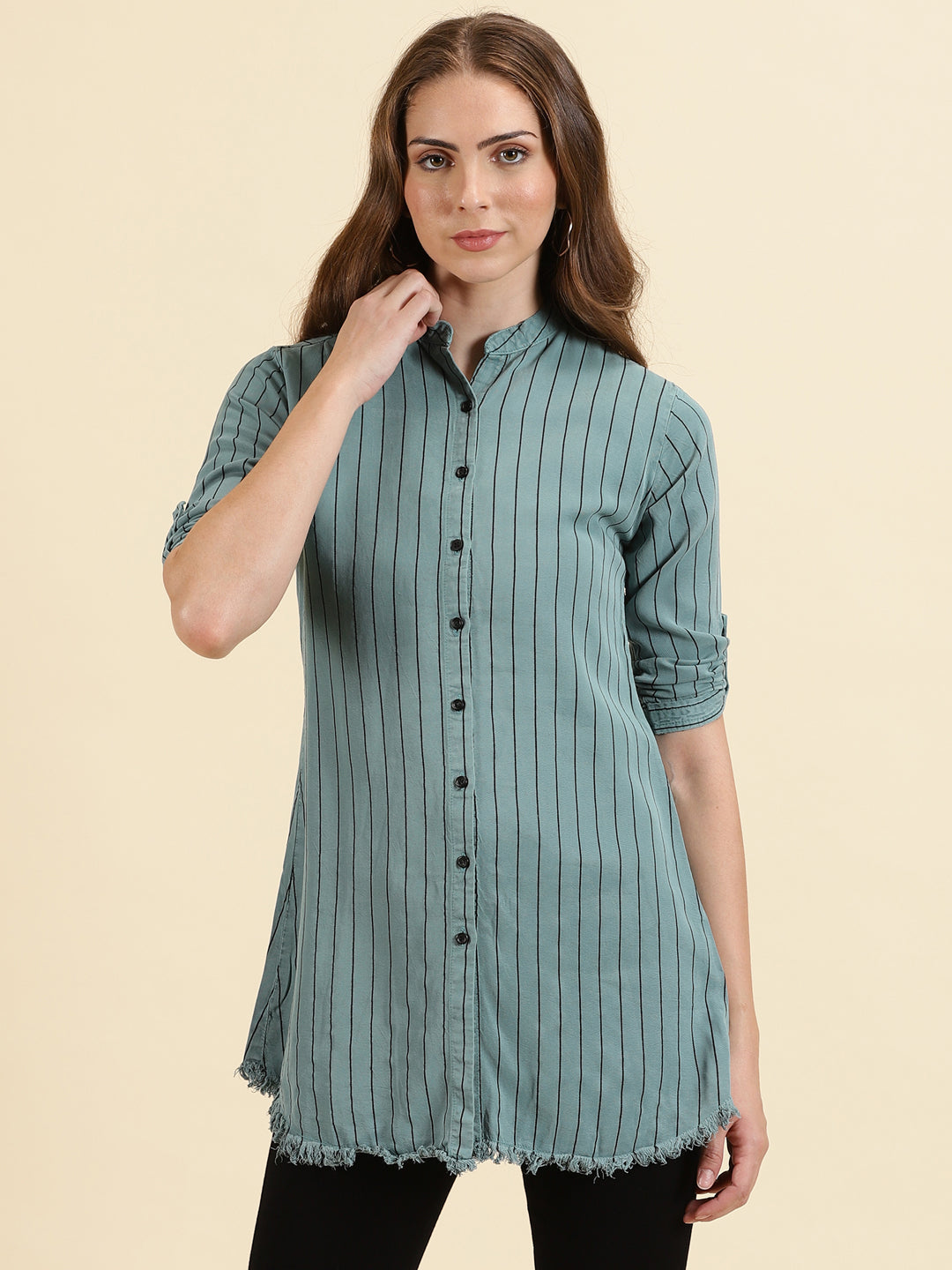 Women's Teal Comfort Slim Fit Striped Mandarin Collar Cotton Casual Longline Shirt