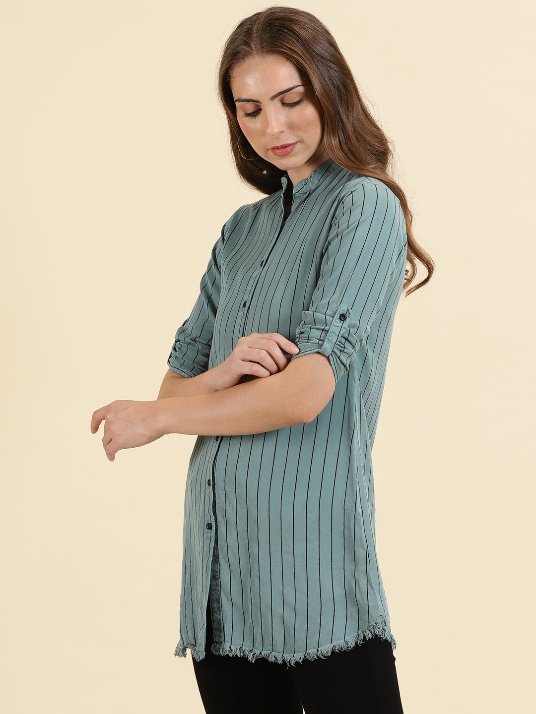 Women's Teal Comfort Slim Fit Striped Mandarin Collar Cotton Casual Longline Shirt