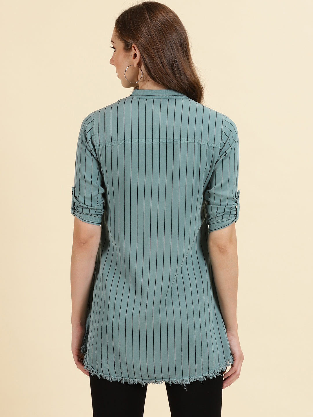 Women's Teal Comfort Slim Fit Striped Mandarin Collar Cotton Casual Longline Shirt