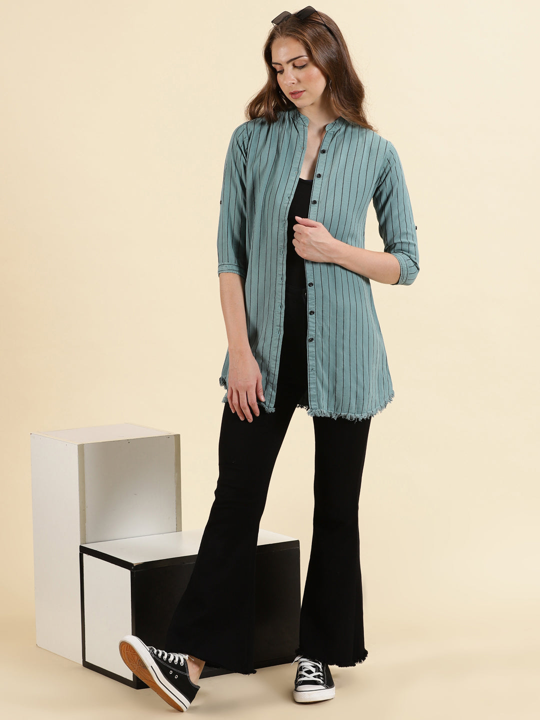 Women's Teal Comfort Slim Fit Striped Mandarin Collar Cotton Casual Longline Shirt