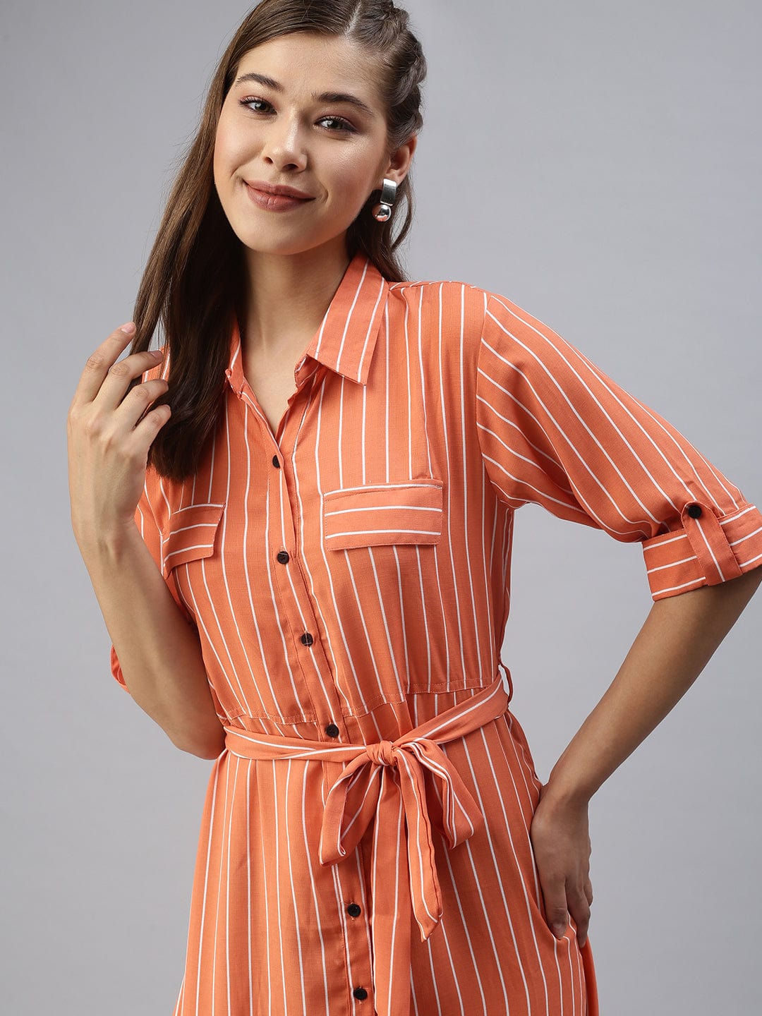 Women's Casual Printed Fit and Flare Orange Dress