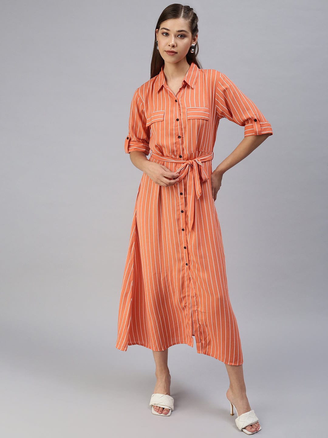 Women's Casual Printed Fit and Flare Orange Dress