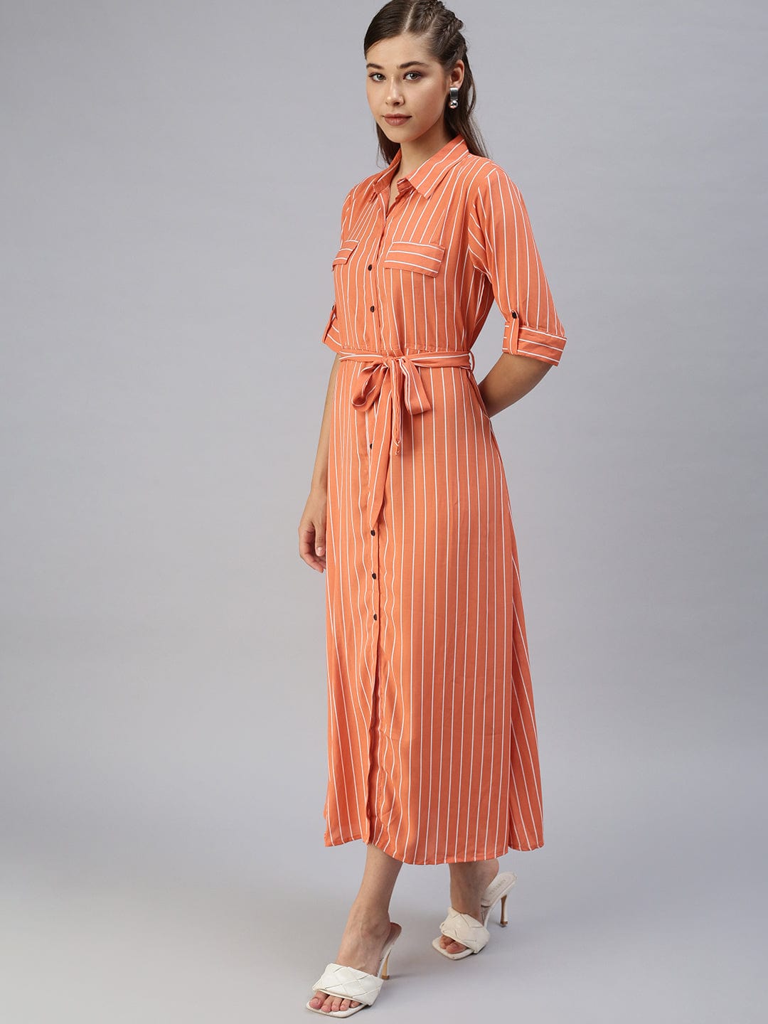 Women's Casual Printed Fit and Flare Orange Dress