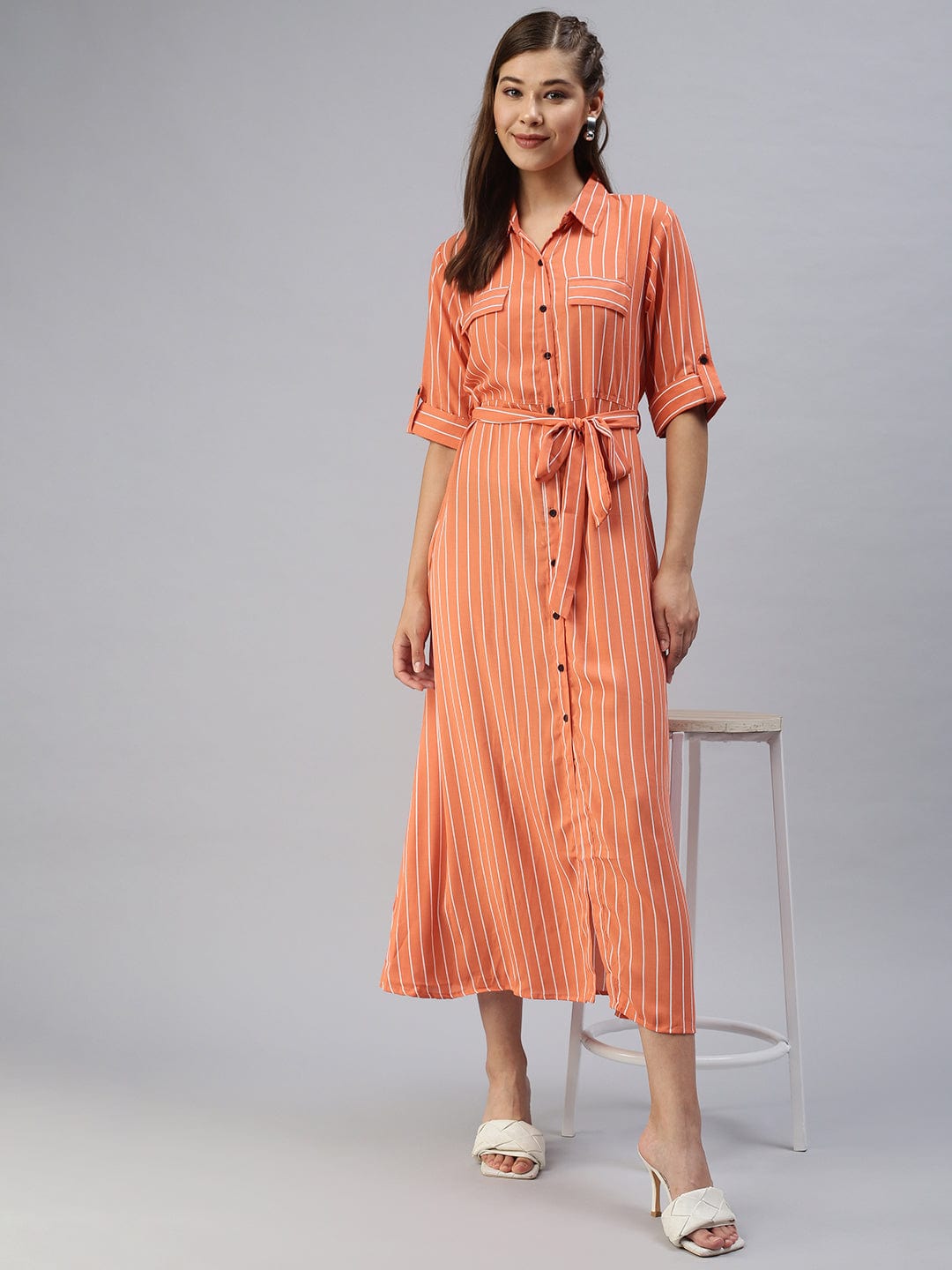 Women's Casual Printed Fit and Flare Orange Dress