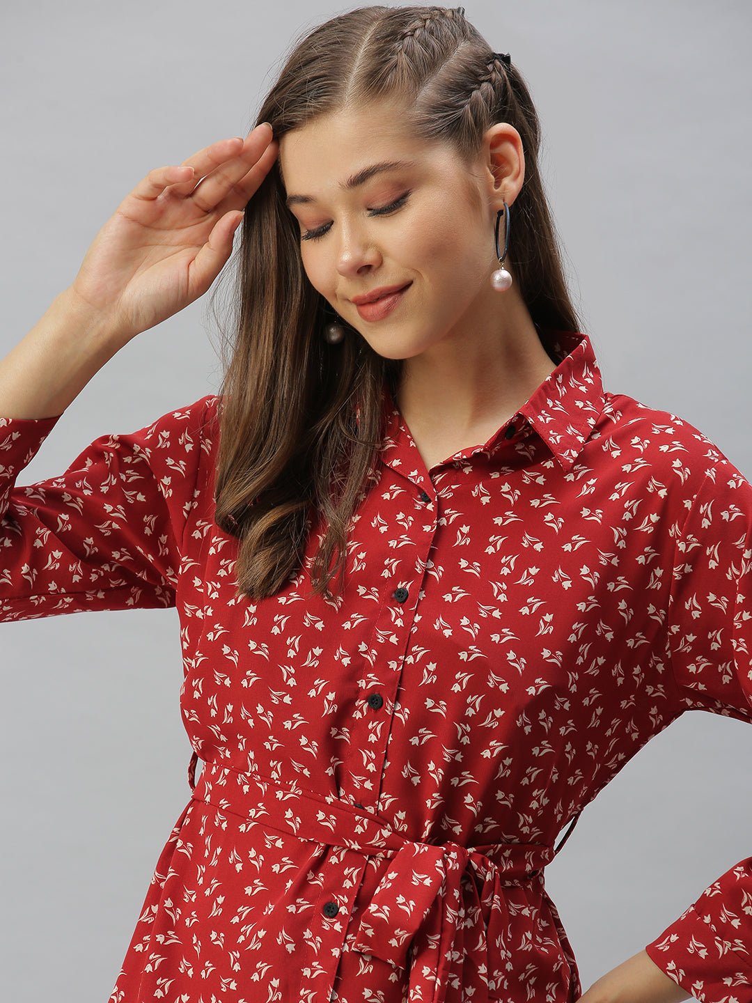 Women's Red Comfort Slim Fit Floral Printed Casual Shirt