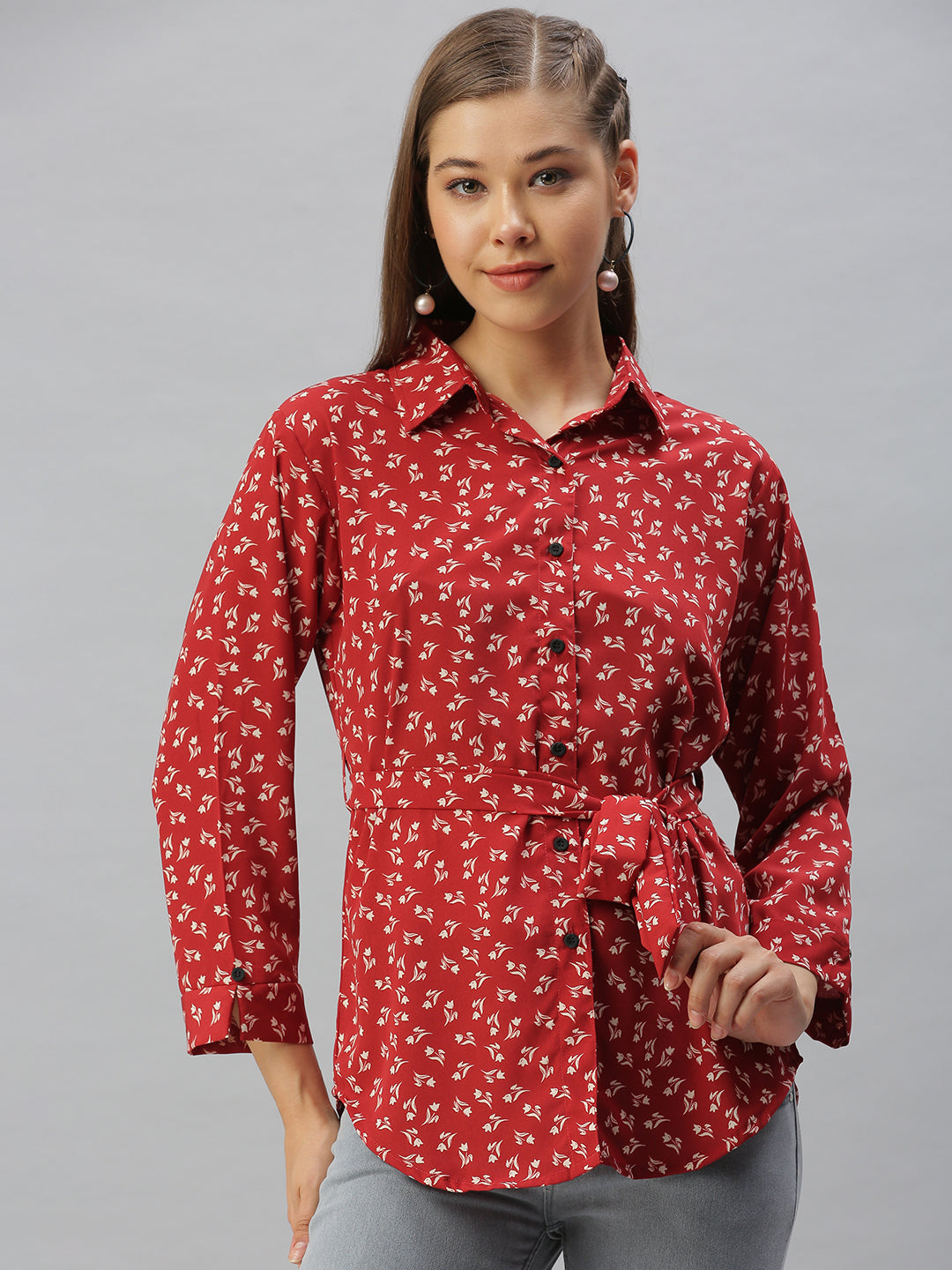 Women's Red Comfort Slim Fit Floral Printed Casual Shirt