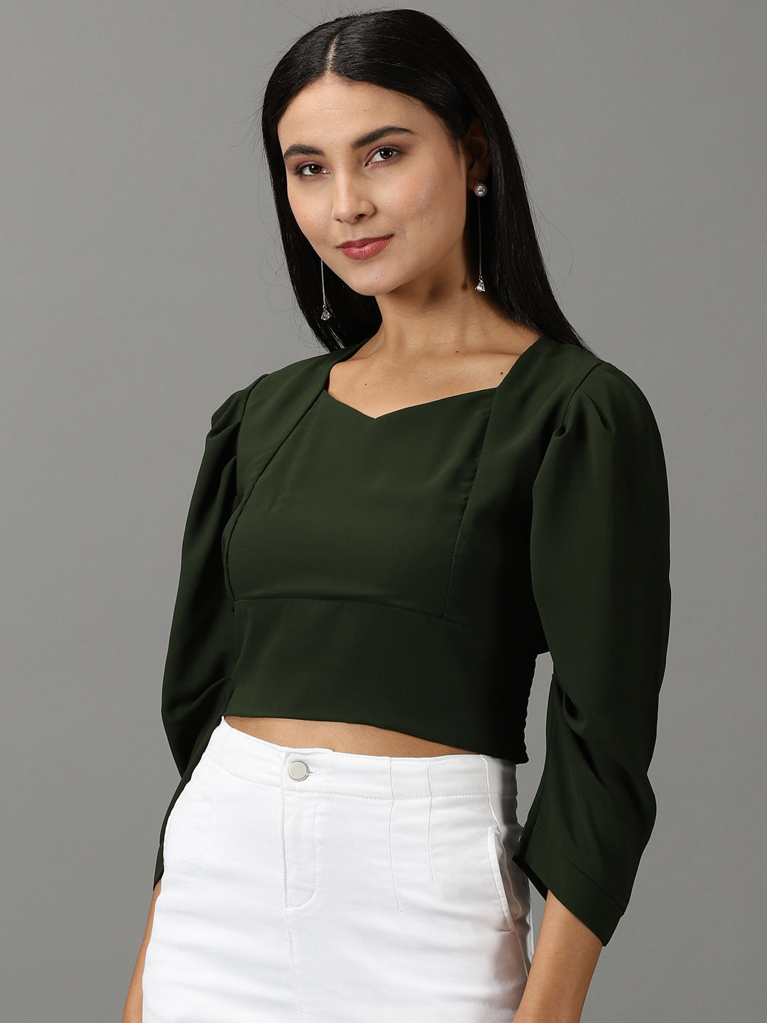 Women's Olive Sweetheart Neckline Smocking Crop Top