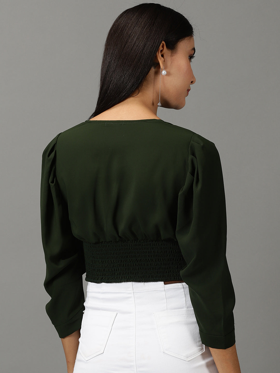 Women's Olive Sweetheart Neckline Smocking Crop Top