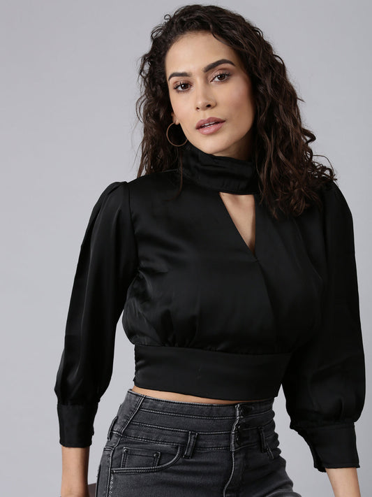 Women's Black High Neck Cuffed Sleeves Cut-Outs Blouson Crop Top
