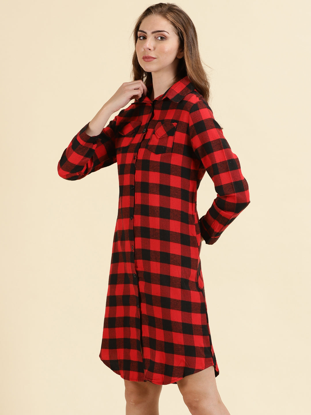 Women's Red Classic Buffalo Checked Cotton Casual Longline Shirt