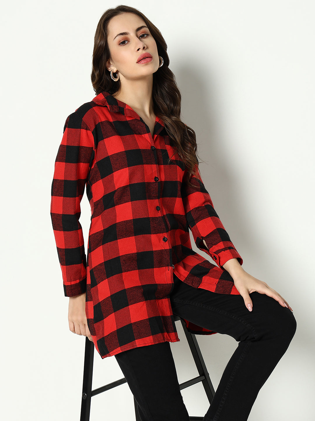 Women's Red Classic Buffalo Checked Cotton Casual Longline Shirt