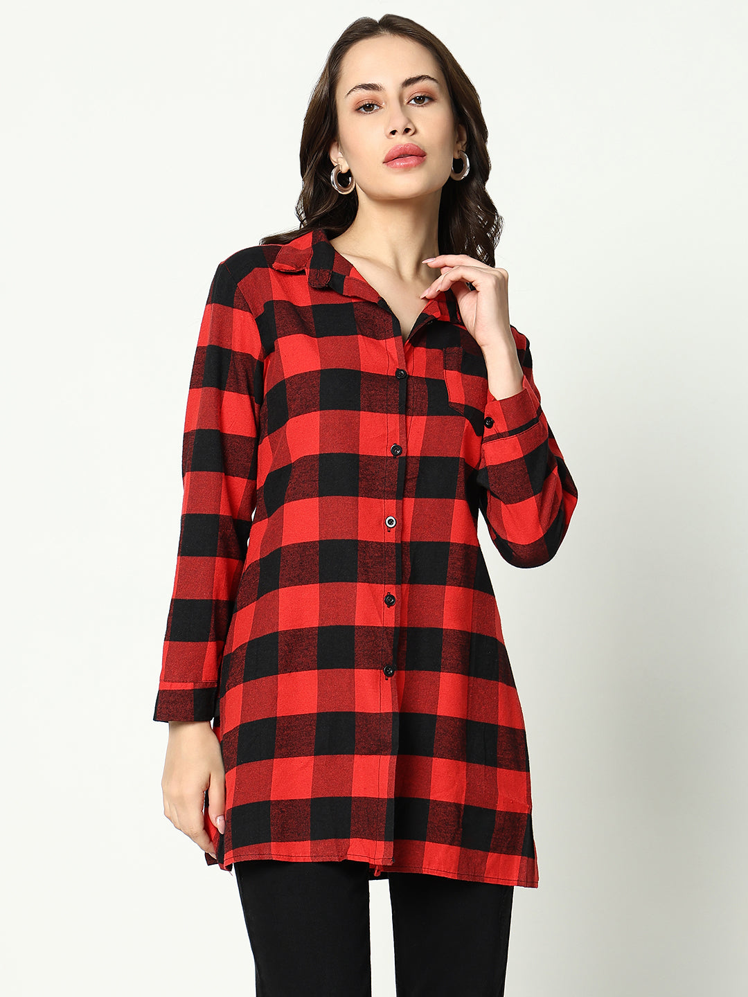 Women's Red Classic Buffalo Checked Cotton Casual Longline Shirt