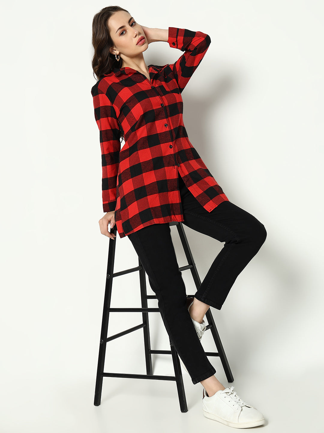 Women's Red Classic Buffalo Checked Cotton Casual Longline Shirt