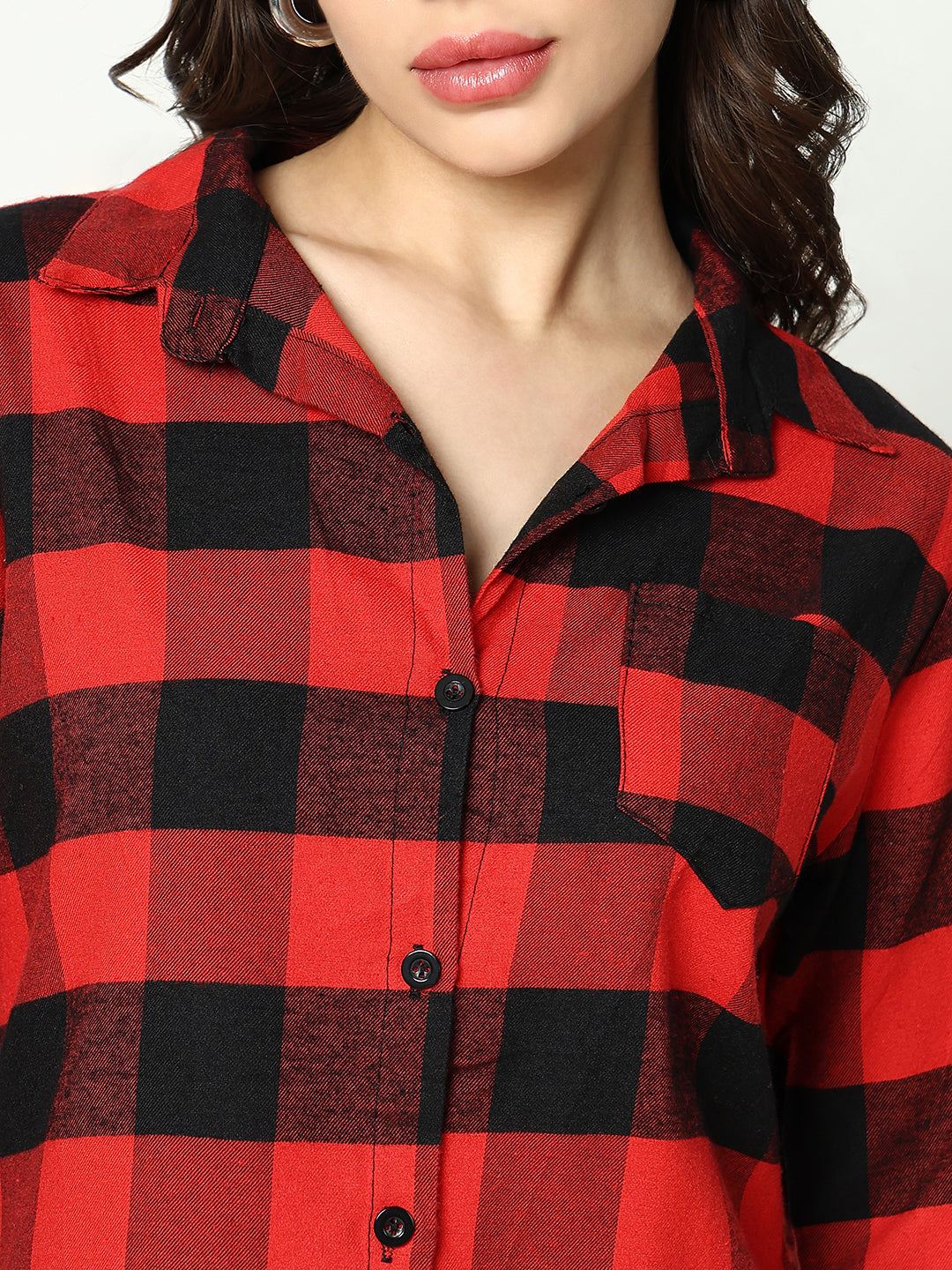Women's Red Classic Buffalo Checked Cotton Casual Longline Shirt