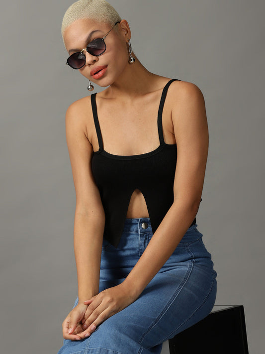 Women's Black Shoulder Straps Acrylic Top