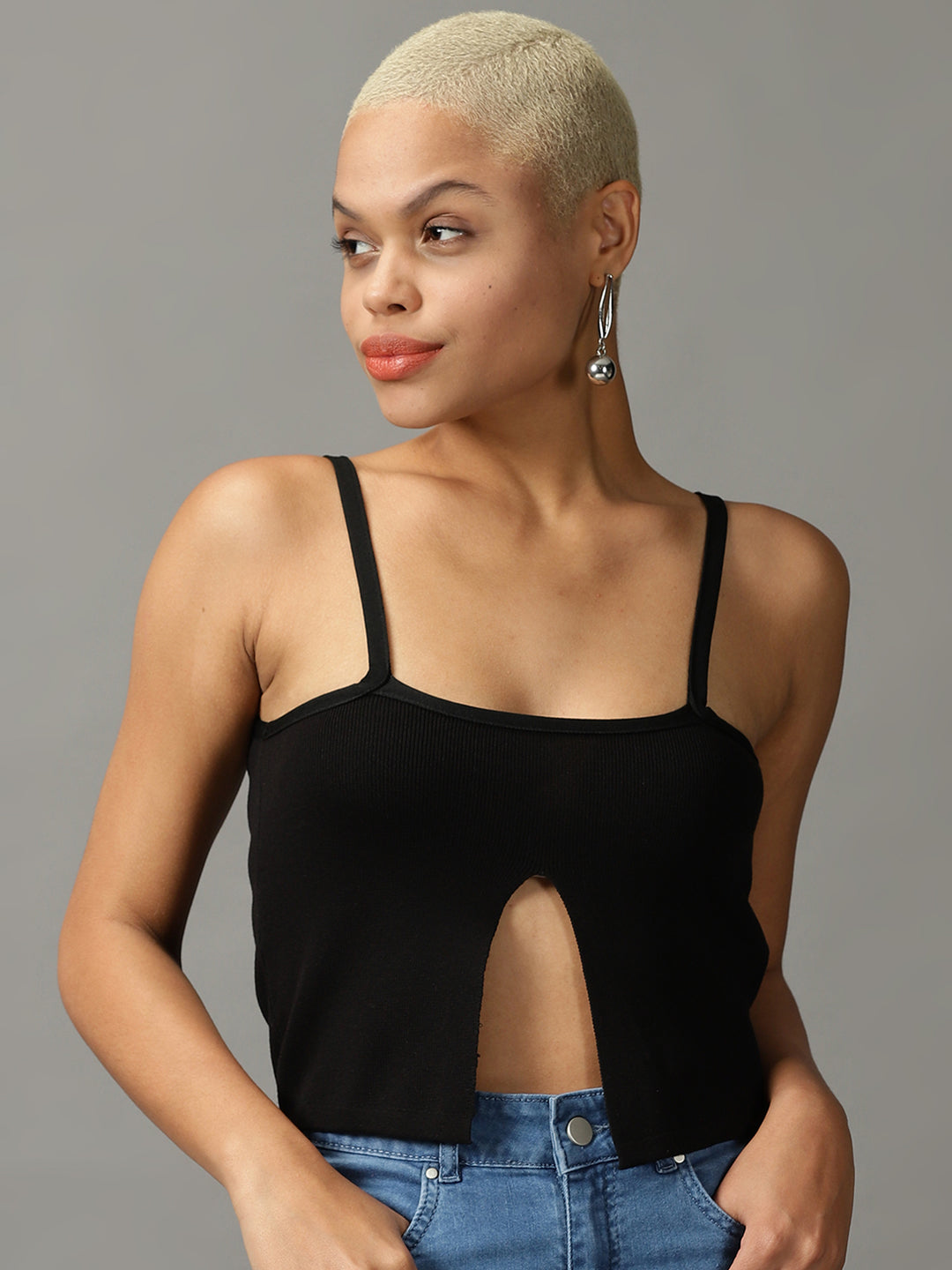 Women's Black Shoulder Straps Acrylic Top