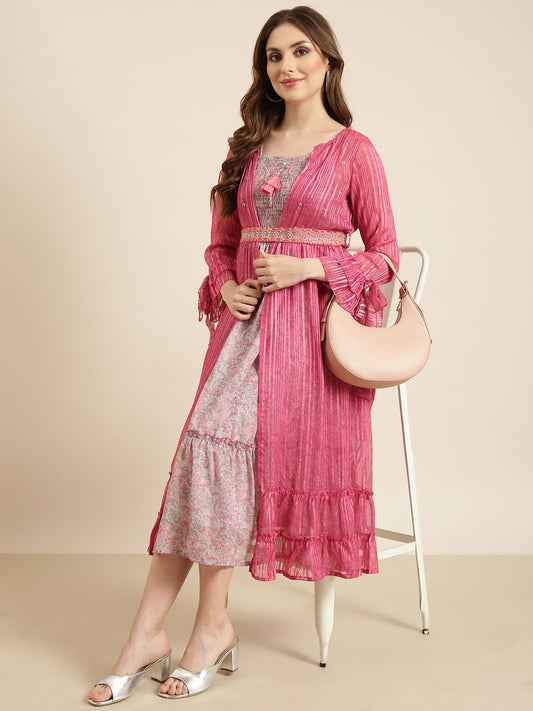 Women's Pink Floral Shoulder Straps Fit And Flare Dress with Over Coat & Belt
