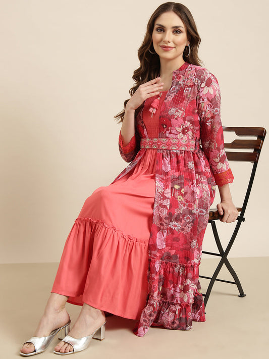 Women's Peach Floral Shoulder Straps Cotton Fit And Flare Dress