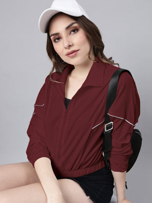 Women's Mock Collar Maroon Crop Bomber Jacket