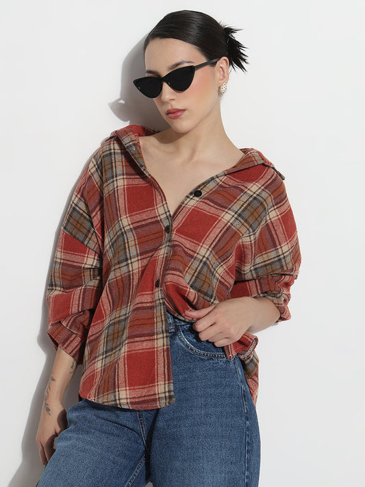 Women's Tartan Checks Red Oversized Shirt
