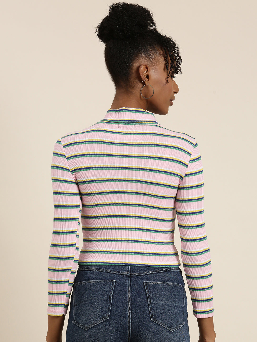 Women's Pink Striped Acrylic Regular Top