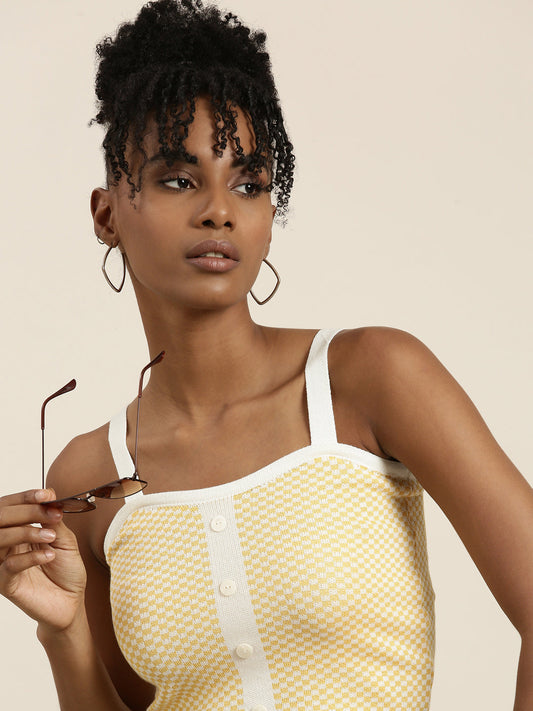 Women's Yellow Checked Shoulder Straps Crop Top
