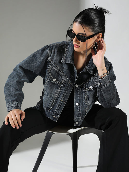 Women's Embellished Navy Blue Crop Denim Jacket with Studs