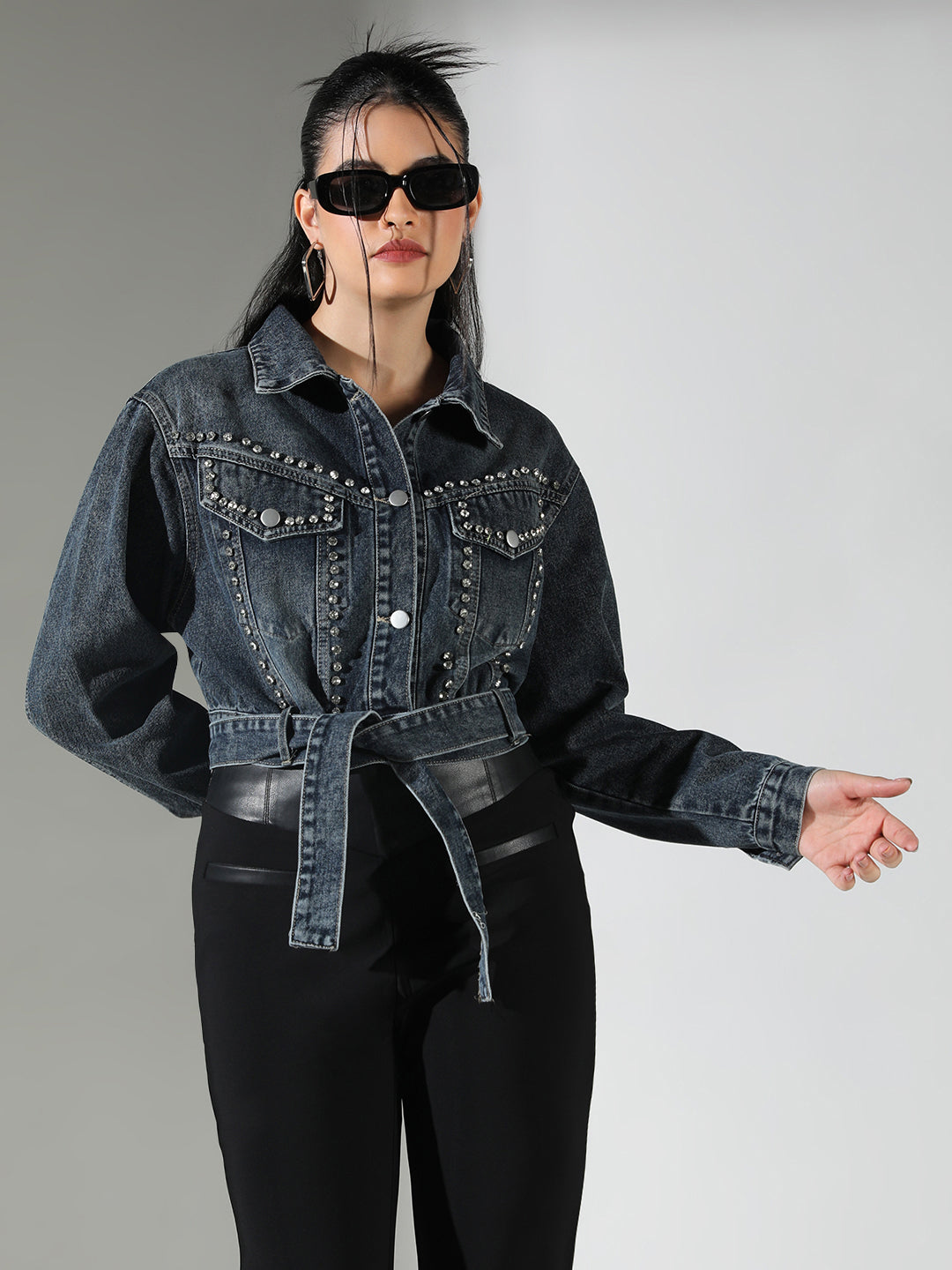 Women's Embellished Navy Blue Crop Denim Jacket with Studs