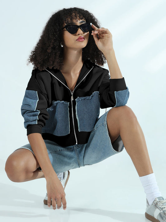 Women's Black Zip-Up Hoodie with Frayed Denim Patches