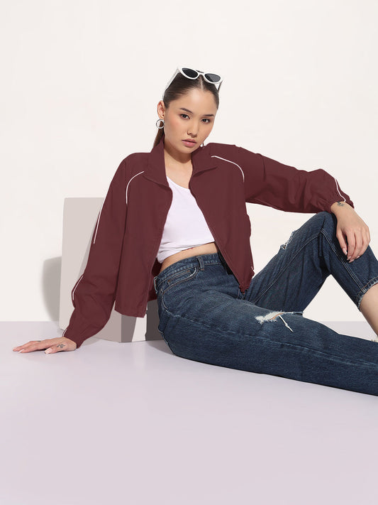 Women's Maroon Shirt Collar Bomber Jacket