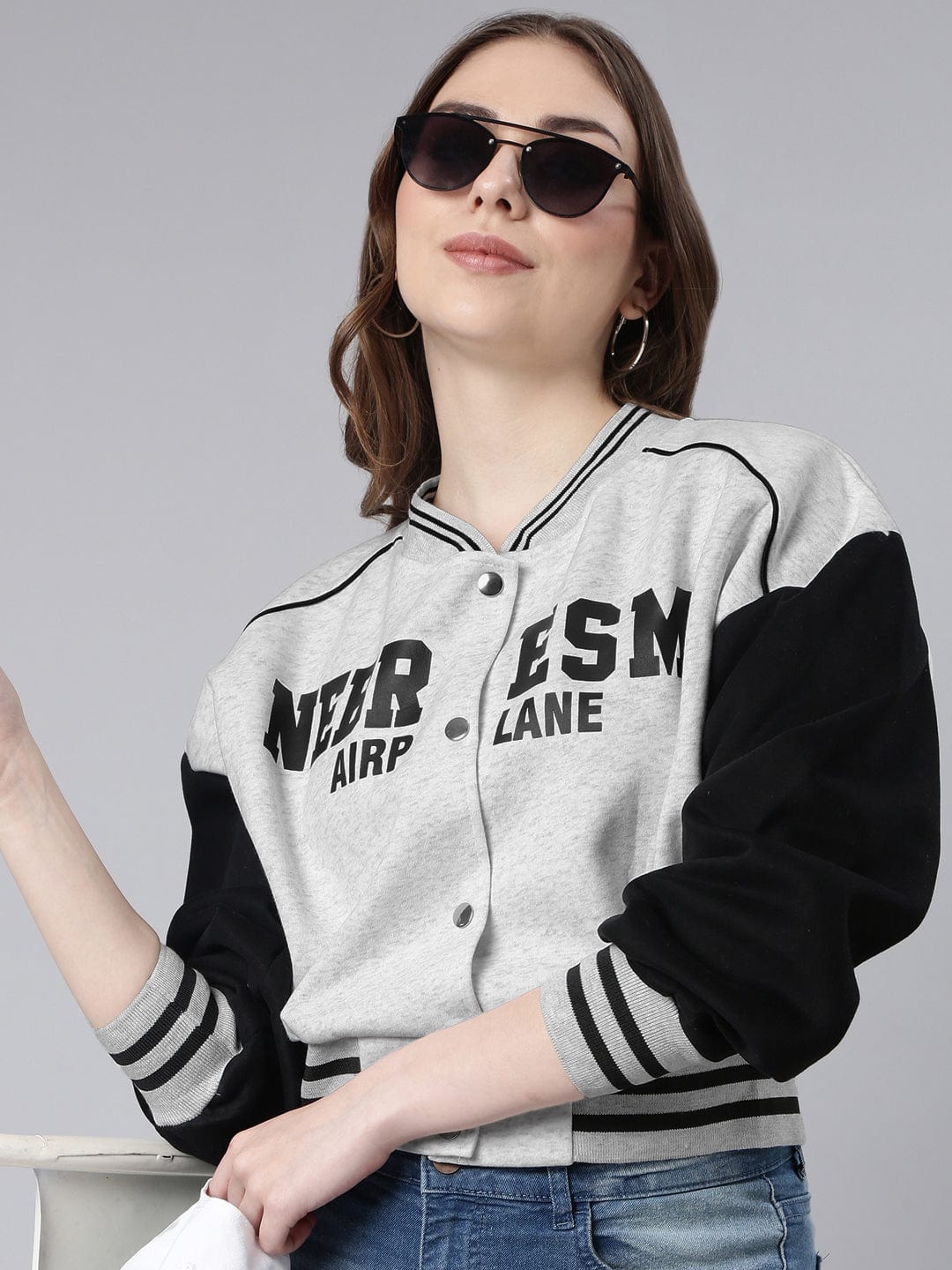Women's Mandarin Collar Typography Grey Crop Oversized Drop Shoulder Varsity Jacket