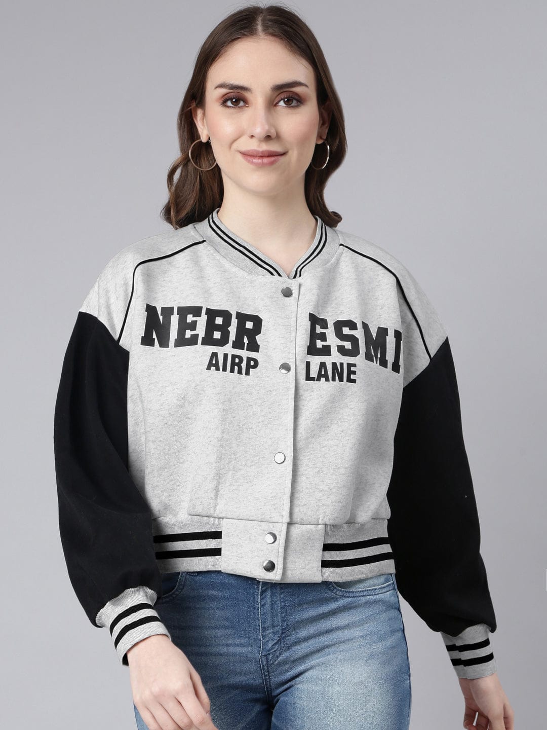 Women's Mandarin Collar Typography Grey Crop Oversized Drop Shoulder Varsity Jacket