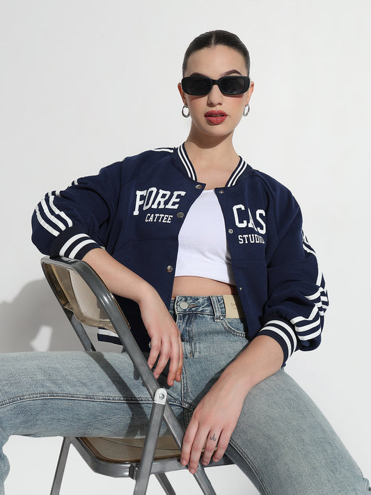 Women's Typography Navy Blue Mandarin Collar Relaxed Fit Varsity Jacket