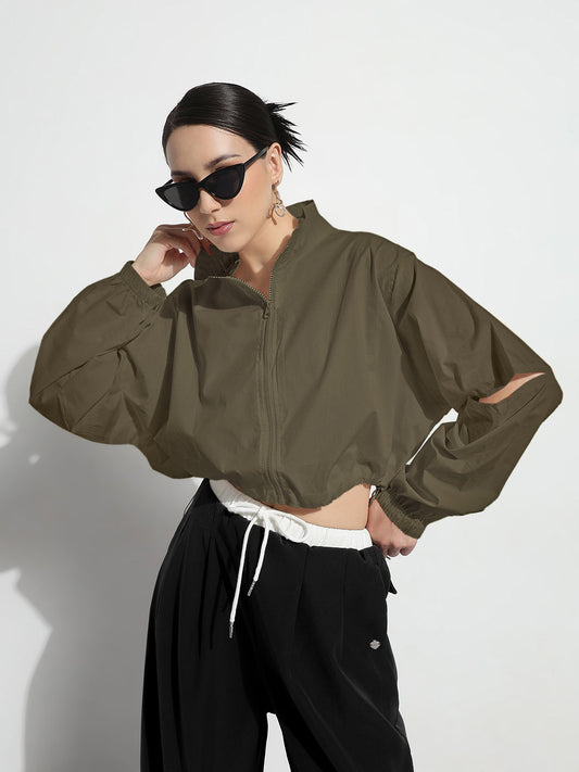 Women's Olive Shirt Collar Crop Tailored Jacket