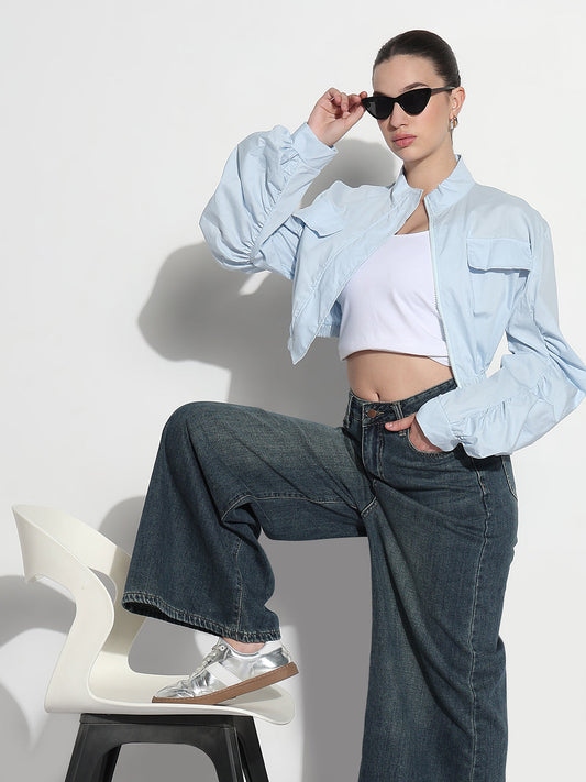 Women's Blue Mock Collar Relaxed Fit Zipper Crop Bomber Jacket