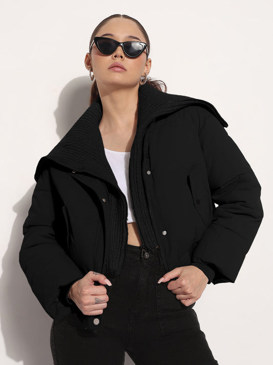Women's Black Shawl Collar Puffer Jacket