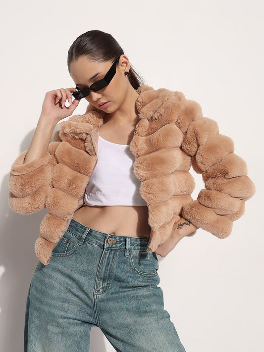 Women's Brown High Neck Faux Fur Puffer Jacket