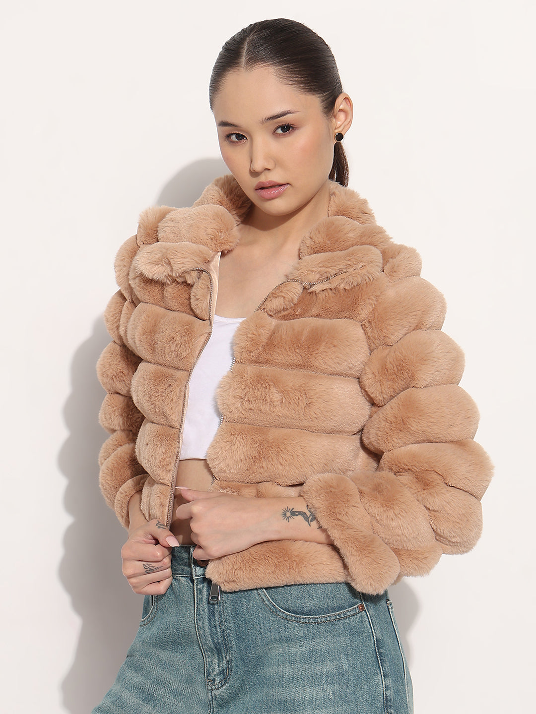 Women's Brown High Neck Faux Fur Puffer Jacket