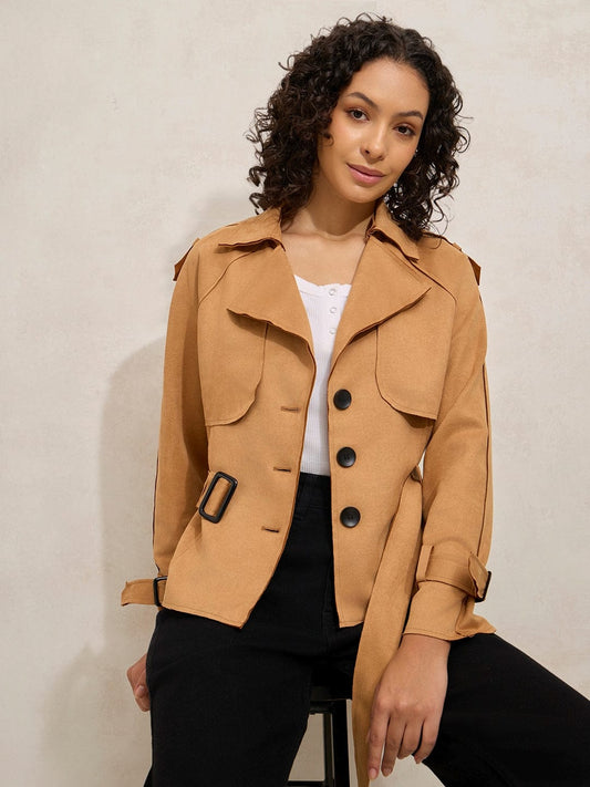 Women's Brown Tailored Jacket with Shoulder Flaps and Belt