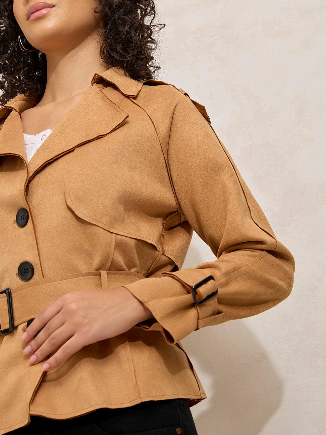 Women's Brown Tailored Jacket with Shoulder Flaps and Belt