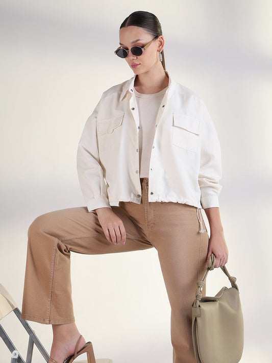 Women's Solid Cream Spread Collar Tailored Jacket